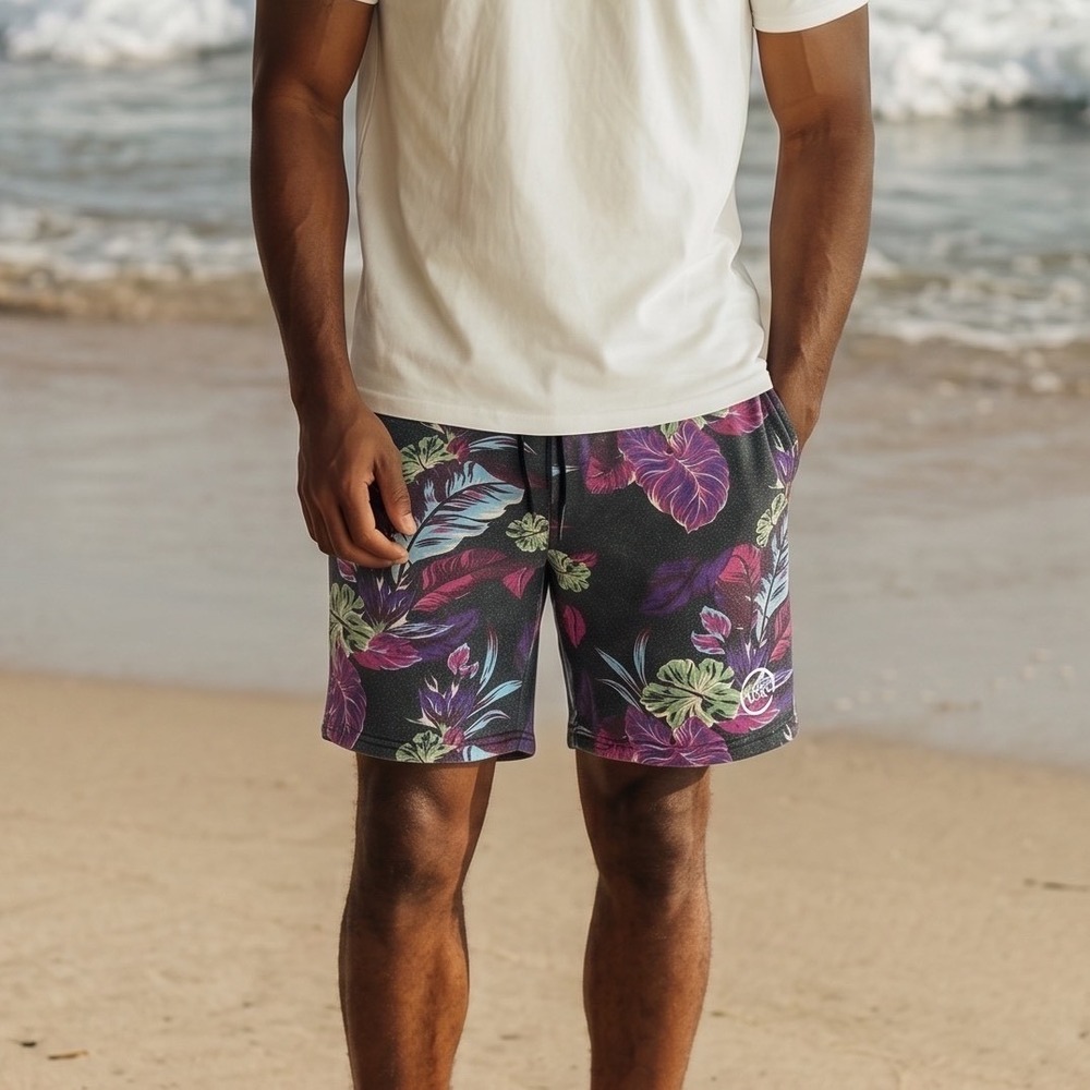 Young‎ & Reckless Shorts Mens Large Black Tropical Floral Fleece Sweat Excellent